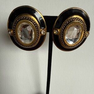 Vintage Gold and Black Oval Earrings with Intricate Design